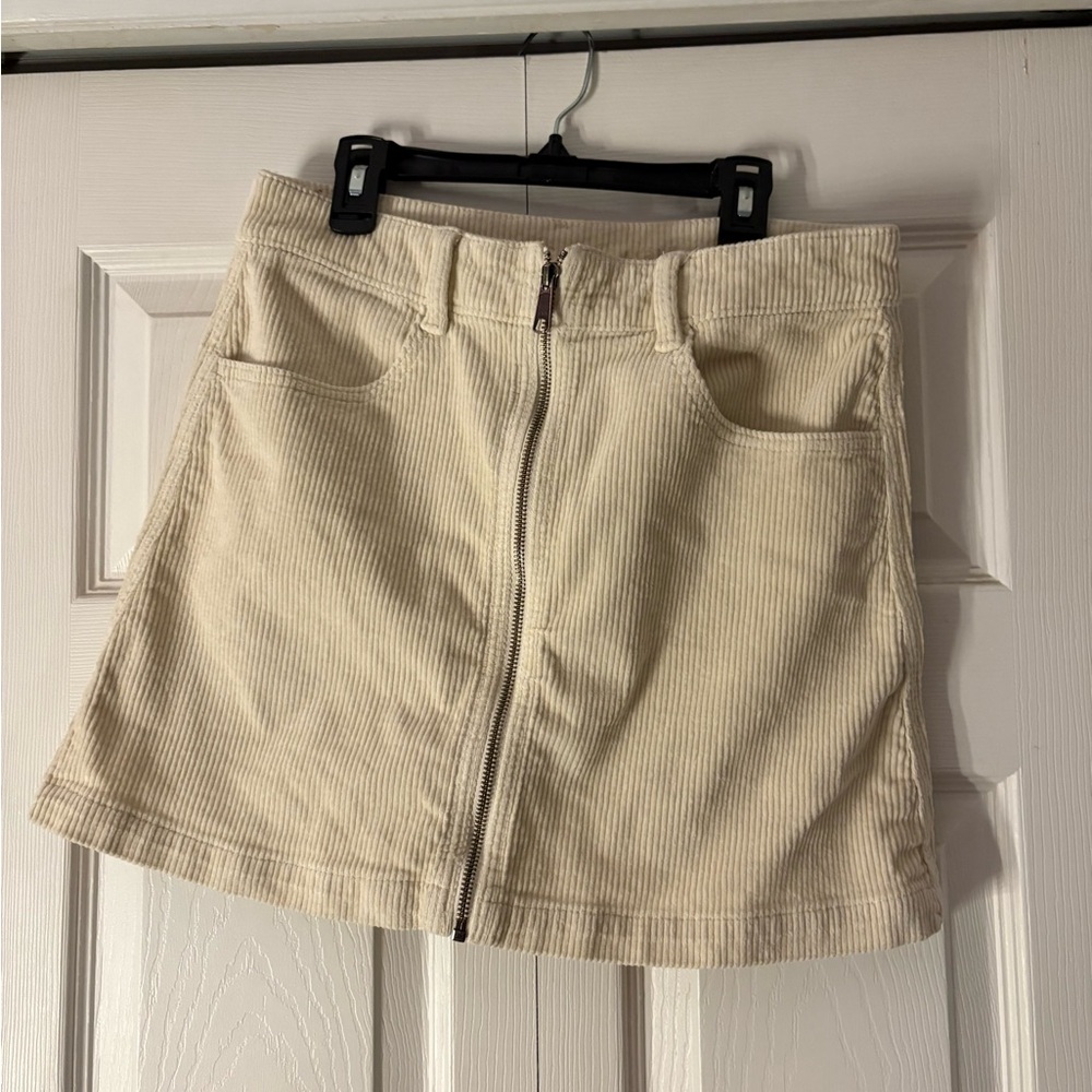 Beige Corduroy Mini Skirt with Front Zipper